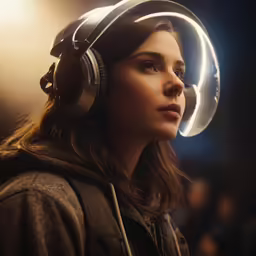 a girl wearing headphones in front of a microphone