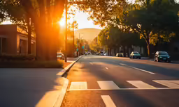 a street at sunset with cars on it and buildings in the distance