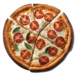 a pizza cut into six slices with tomatoes and basil