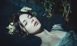 a young woman is laying down in a dress