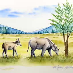 watercolor painting depicting two large animals standing near a small tree,there are two animals standing in the field