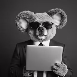 a rat dressed as a man in sunglasses holds up a laptop