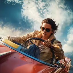 the man has a steering wheel in his car