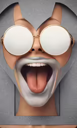 a girl in a white suit and yellow glasses, making her mouth open