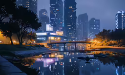 view of large city buildings at night from the side of a canal