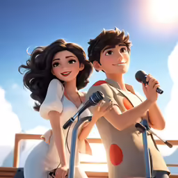 the animated couple is singing into a microphone