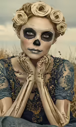 a woman wearing makeup has her hands folded open
