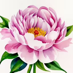 a drawing of a flower with leaves on white background,a pink flower with green leaves is displayed