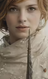 a young lady holding a sword standing in front of her face