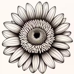 a large flower with an ornate center,a drawing of a sunflower with black and white petals