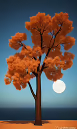 a tree on the shore of the ocean in autumn