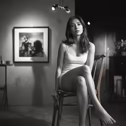 a woman sitting on top of a wooden chair