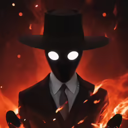 an animation image of a man in a dark suit wearing light up eyes