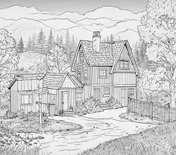 an illustration of a home in the woods,the front view of a house with mountains in the background