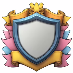 a shield with two large yellow and red swords