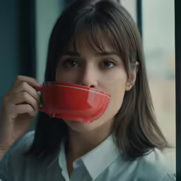 a woman with a red mug is sitting by the window