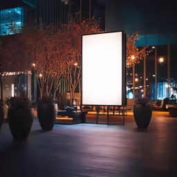 a large white billboard sitting in the middle of some tall trees
