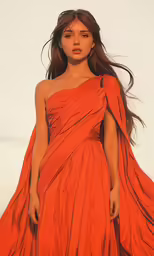 a model wears a orange long dress and matching shoes
