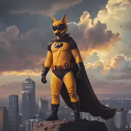 a man wearing a yellow batman costume standing on a rock in the middle of a city