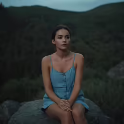 a woman wearing a blue dress is sitting on rocks