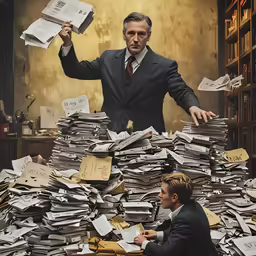 two men sitting at a table with stacks of papers