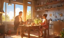 a young man and woman sitting at a table next to a kitchen window