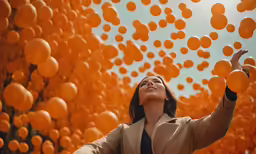 a woman flying through the air surrounded by orange balloons
