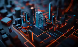 a model of a city in dark orange lighting