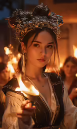 a woman dressed in renaissance clothes holding a lit candle and wearing a costume of pearls