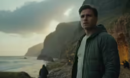 a man is standing near the water and cliffs