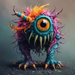 a purple and blue monster with orange and pink feathers