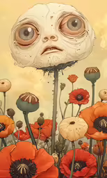 an alien with strange eyes standing in a field of poppies