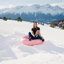 a woman sits on the snow on an inflatable device
