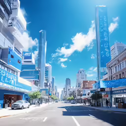 an empty street in a city is pictured under a bright blue sky