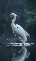 there is a white crane standing on the water