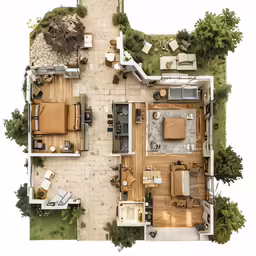 overhead shot of an outdoor living room and kitchen