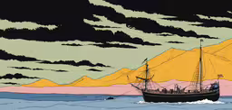 an illustration of a ship in the water,an illustration shows a boat sailing across the ocean