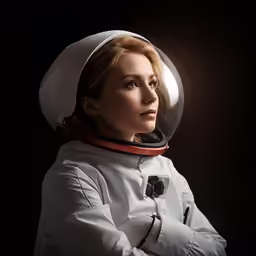 a female in a helmet is standing against a black background
