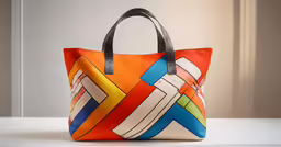 an orange, yellow, blue, red and white bag