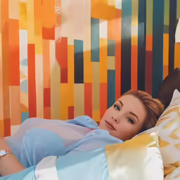 a young woman is laying in bed with a colorful wall behind her