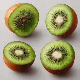 five kiwi pieces cut in half on a white background