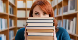 an orange haired girl with red hair sitting in a library holding several books