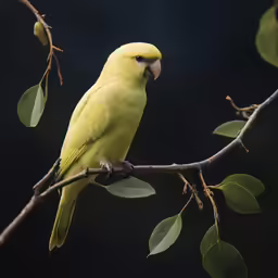 yellow and gray bird sitting on branch with green leaves