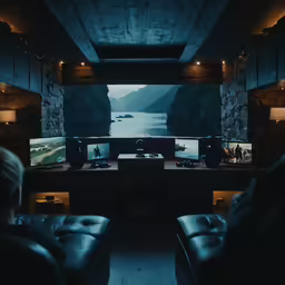 some chairs and tables with a monitor sitting on the wall