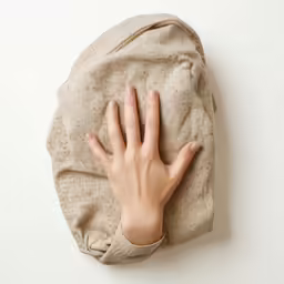 a person holding their hand to a pillow that is on top of a wall