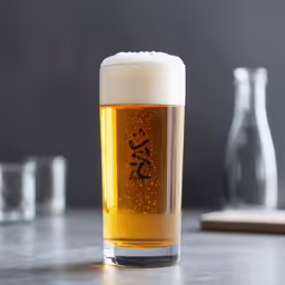 a tall glass sitting on a counter next to some bottles