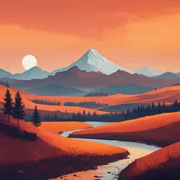 a painting of the landscape, in the middle of it a sunset with mountains and stream, trees and trees,a painting that looks like a landscape with mountains in the background