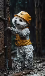 the small dog in the yellow safety jacket is standing on its hind legs