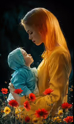 a woman with red hair holding a little baby