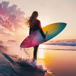woman holding a surfboard walking into the water